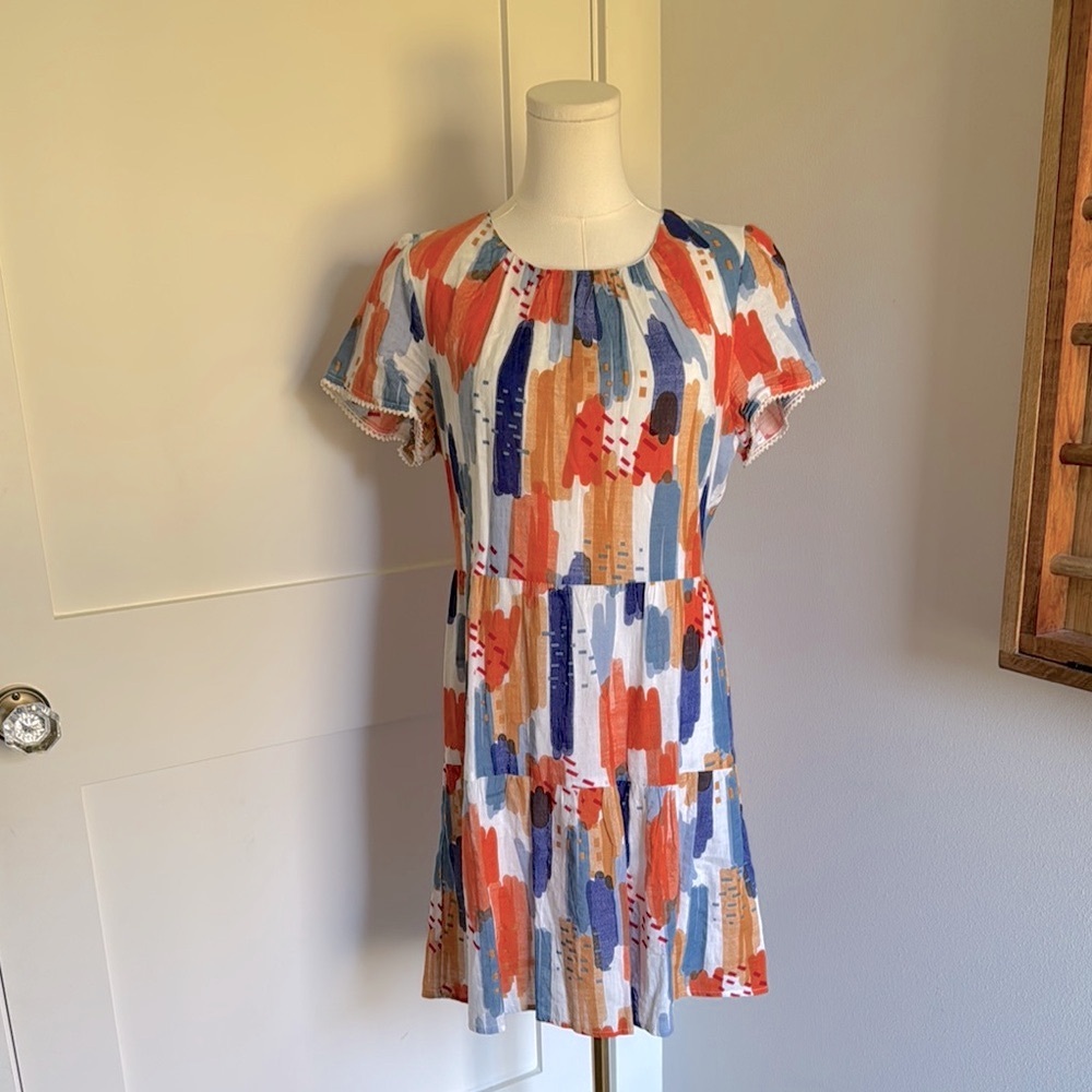 THML Watercolor Flutter Sleeve Sundress | Orange/Blue